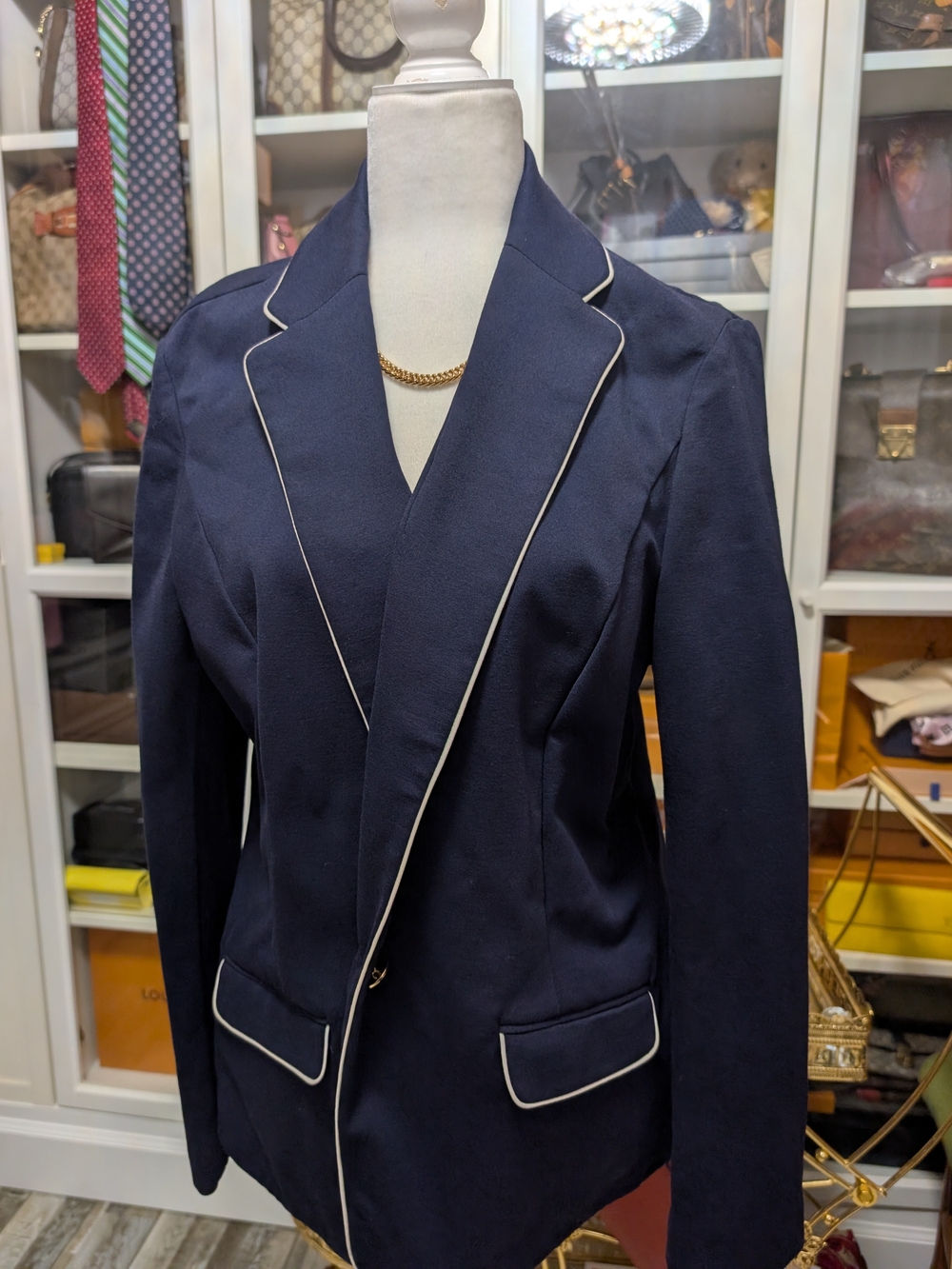Anne Klein Navy Blazer with White Trim Piping & Gold Button